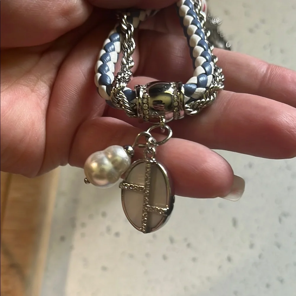 Braided Silver and White Necklace with‎ Peace Pendant